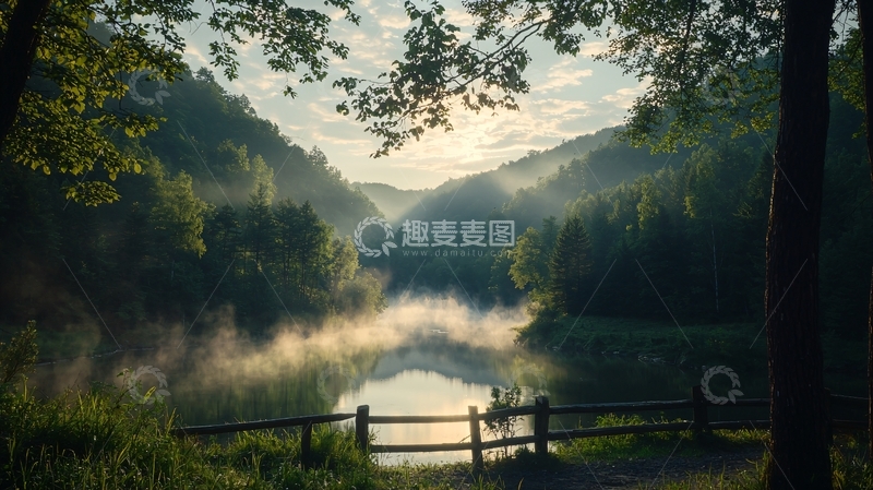 高清大图下载【趣麦麦图】晨雾中的宁静湖景