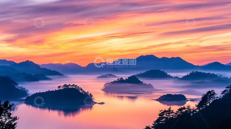 高清大图下载【趣麦麦图】晨雾中的湖光山色