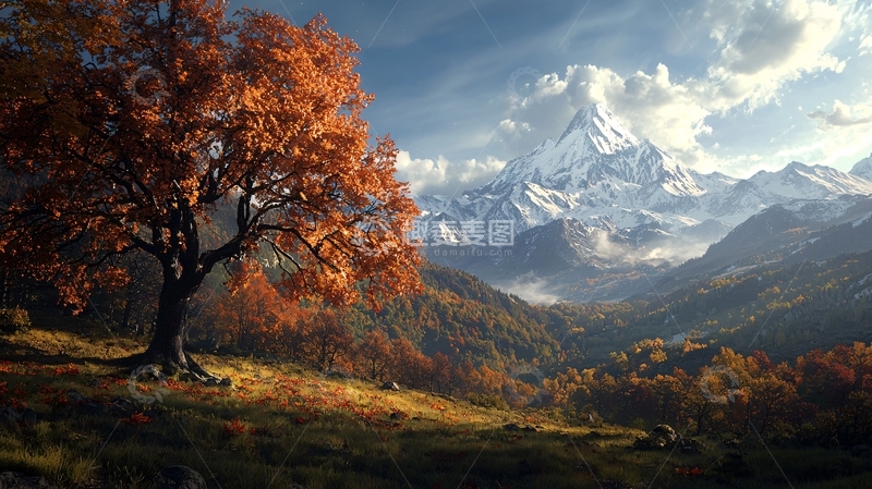 高清大图下载【趣麦麦图】山脉旁的秋日树木