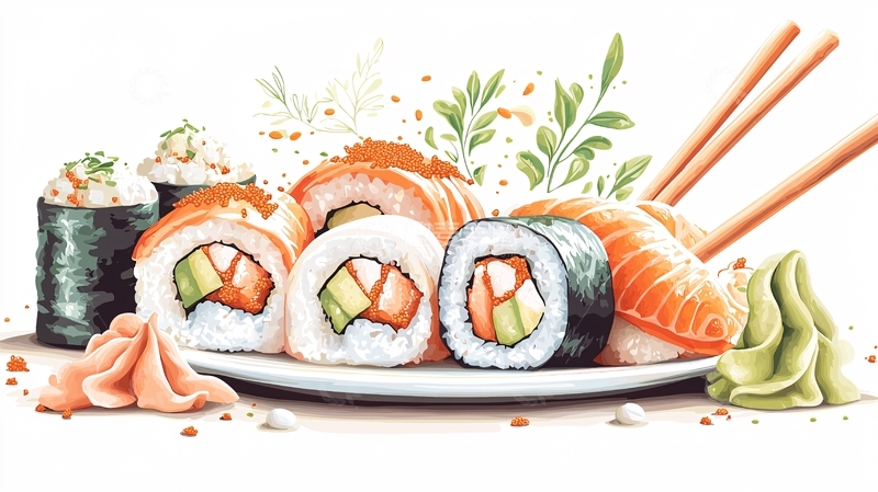 高清大图下载【趣麦麦图】日式寿司拼盘清新插画