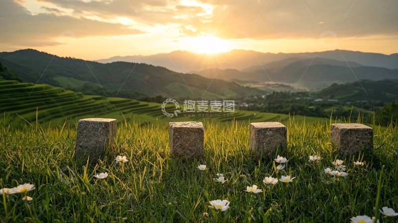 高清大图下载【趣麦麦图】日落山间梯田石凳风景