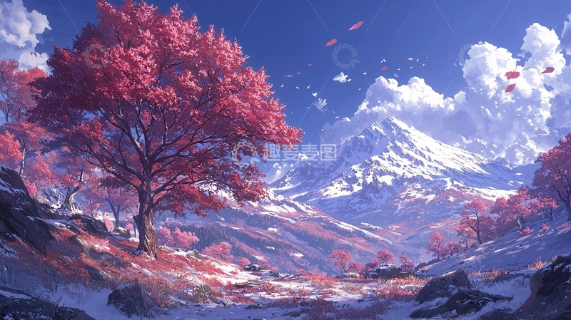 高清大图下载【趣麦麦图】粉色树木雪山下的风景