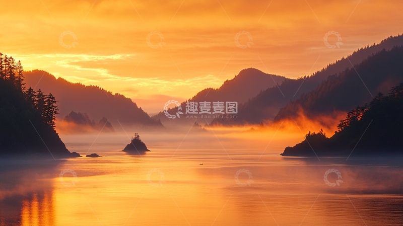 高清大图下载【趣麦麦图】晨雾中的湖光山色