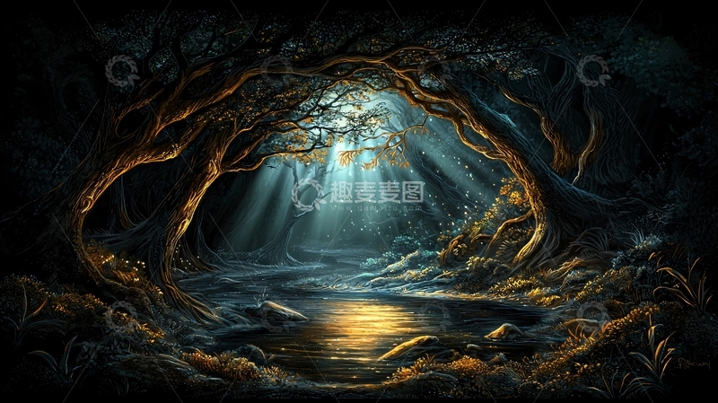 高清大图下载【趣麦麦图】神秘黑暗森林的光线