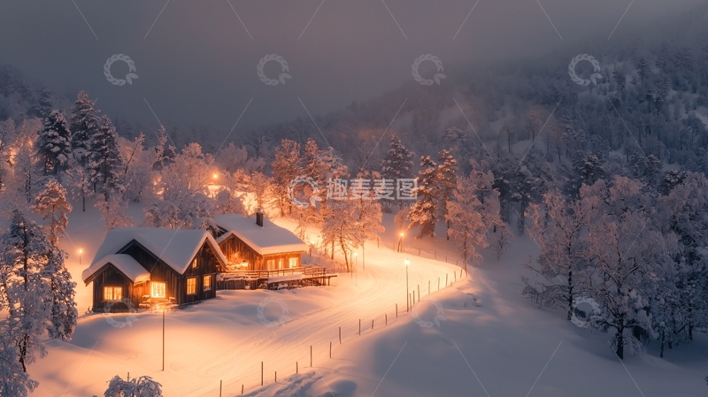 高清大图下载【趣麦麦图】冬夜雪景中的温暖小屋
