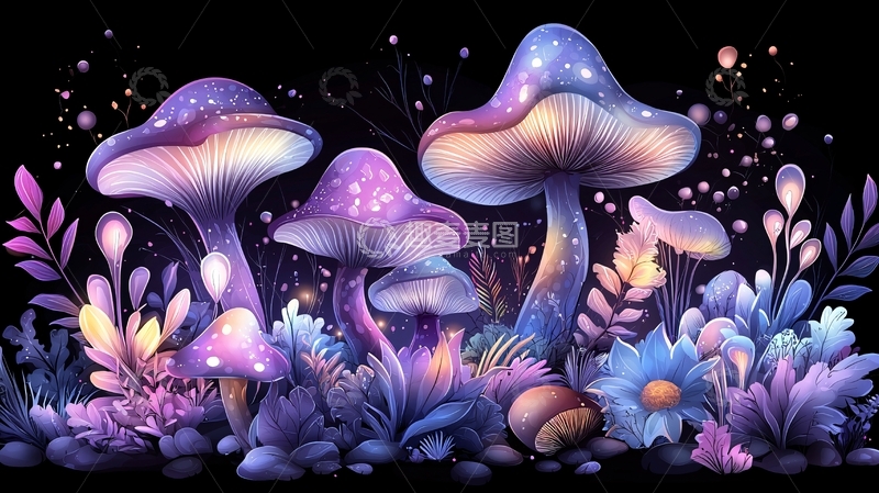 高清大图下载【趣麦麦图】紫色发光蘑菇群