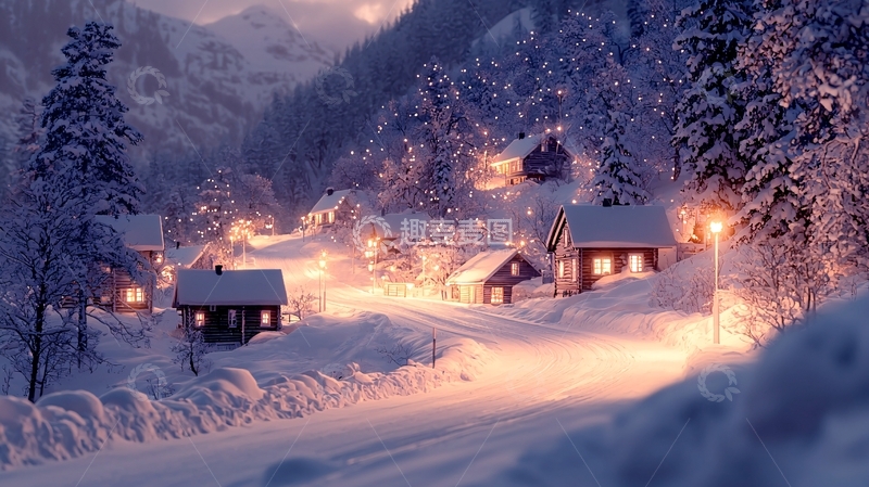 高清大图下载【趣麦麦图】冬夜雪景中的小木屋