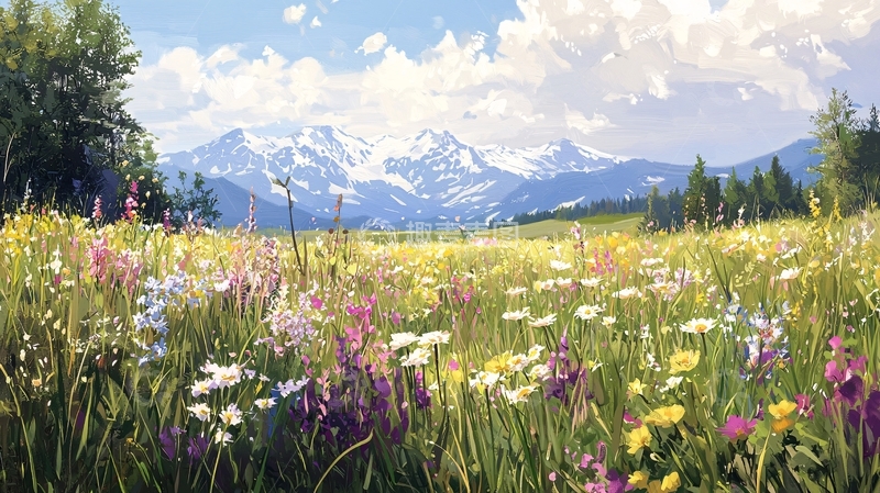 高清大图下载【趣麦麦图】鲜花盛开的山间草地