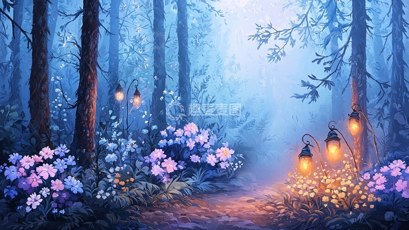 高清大图下载【趣麦麦图】蓝色梦幻森林夜景