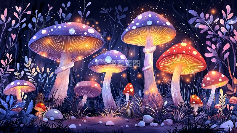 高清大图下载【趣麦麦图】发光蘑菇在午夜森林