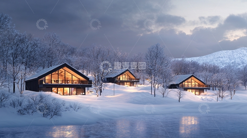 高清大图下载【趣麦麦图】冬日雪景中的温馨小屋