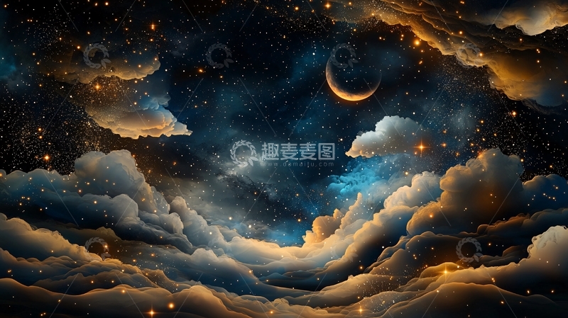 高清大图下载【趣麦麦图】星空下云朵环绕着月亮