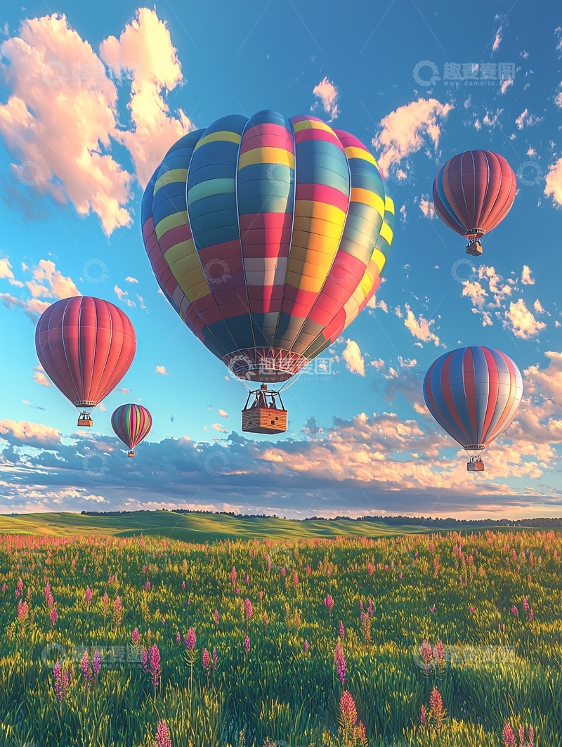 高清大图下载【趣麦麦图】热气球飞过绿色田野
