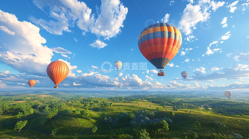 高清大图下载【趣麦麦图】热气球在蓝天白云上飞翔