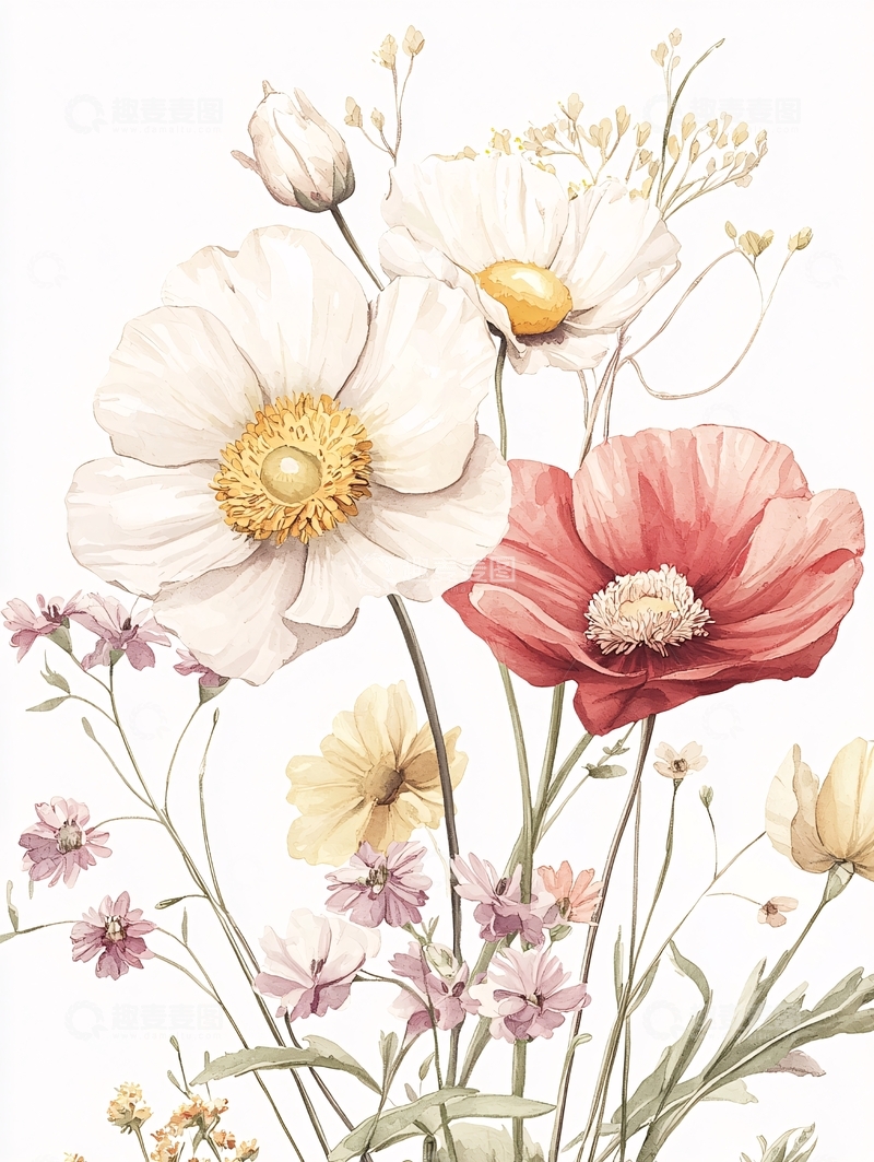高清大图下载【趣麦麦图】水彩风格的花卉插画