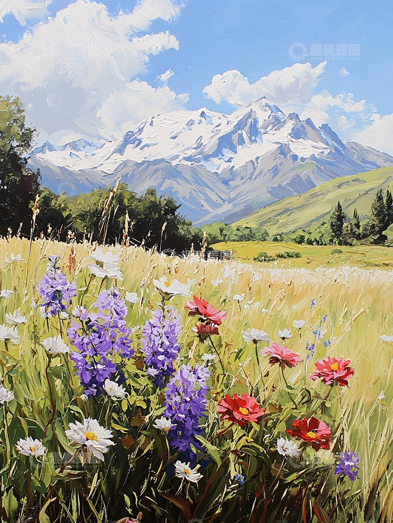 高清大图下载【趣麦麦图】鲜花草地雪山远景油画