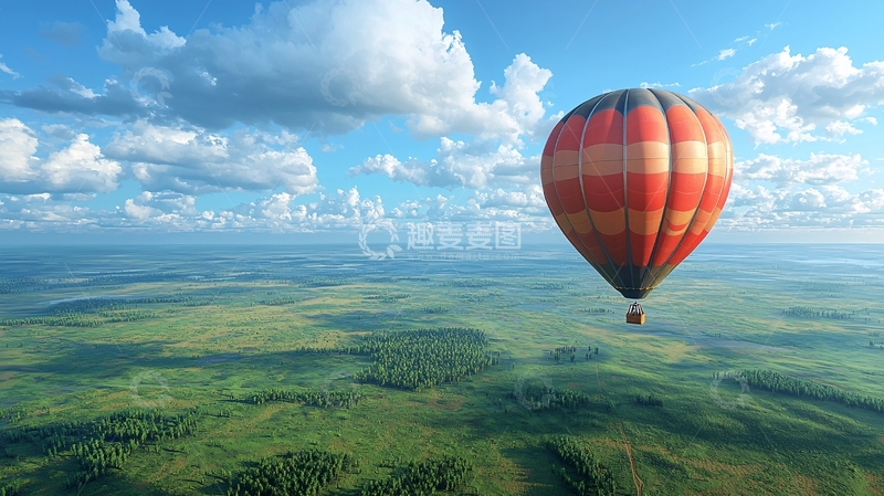 高清大图下载【趣麦麦图】热气球飞行于绿色田野之上