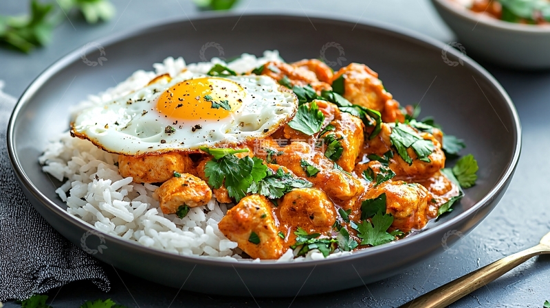 高清大图下载【趣麦麦图】鸡肉咖喱饭配煎蛋