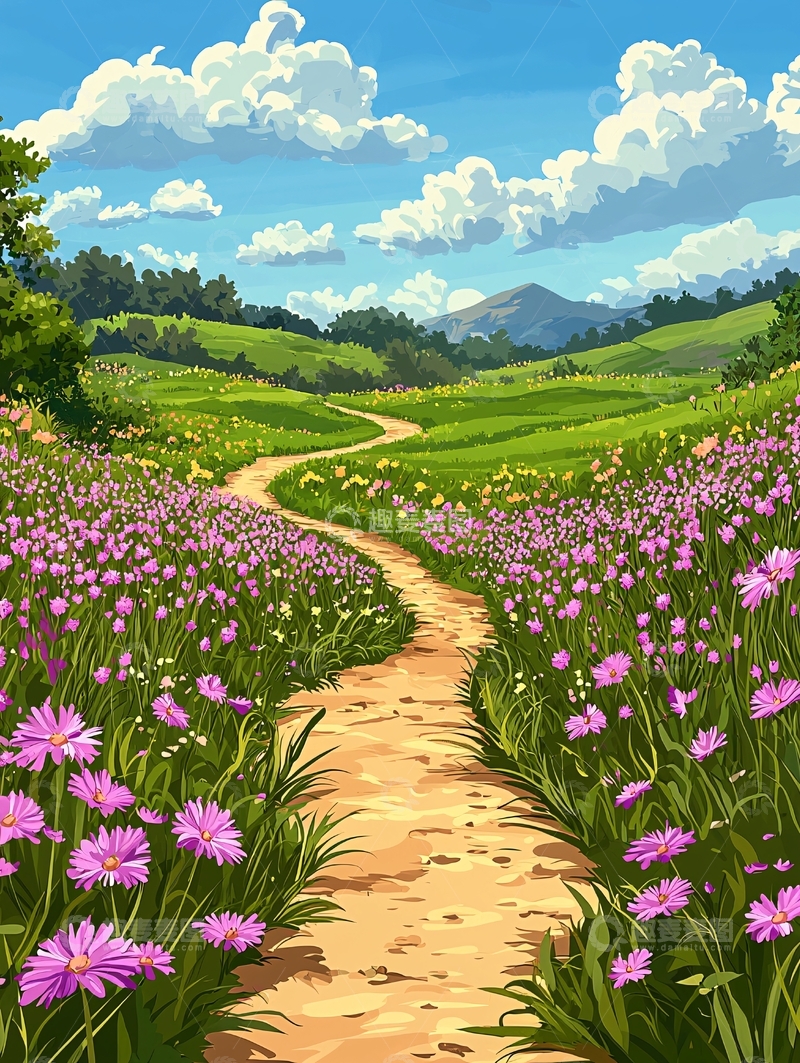 高清大图下载【趣麦麦图】鲜花盛开的田野小路