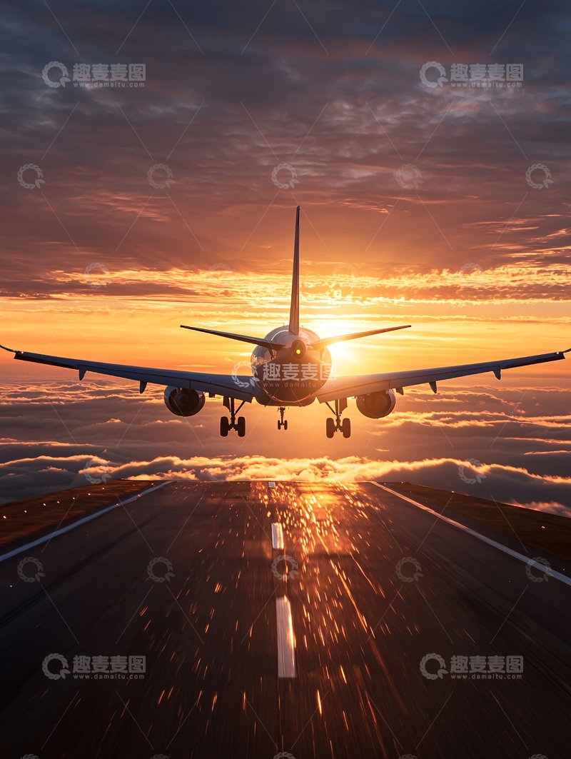 高清大图下载【趣麦麦图】飞机起飞日落时分