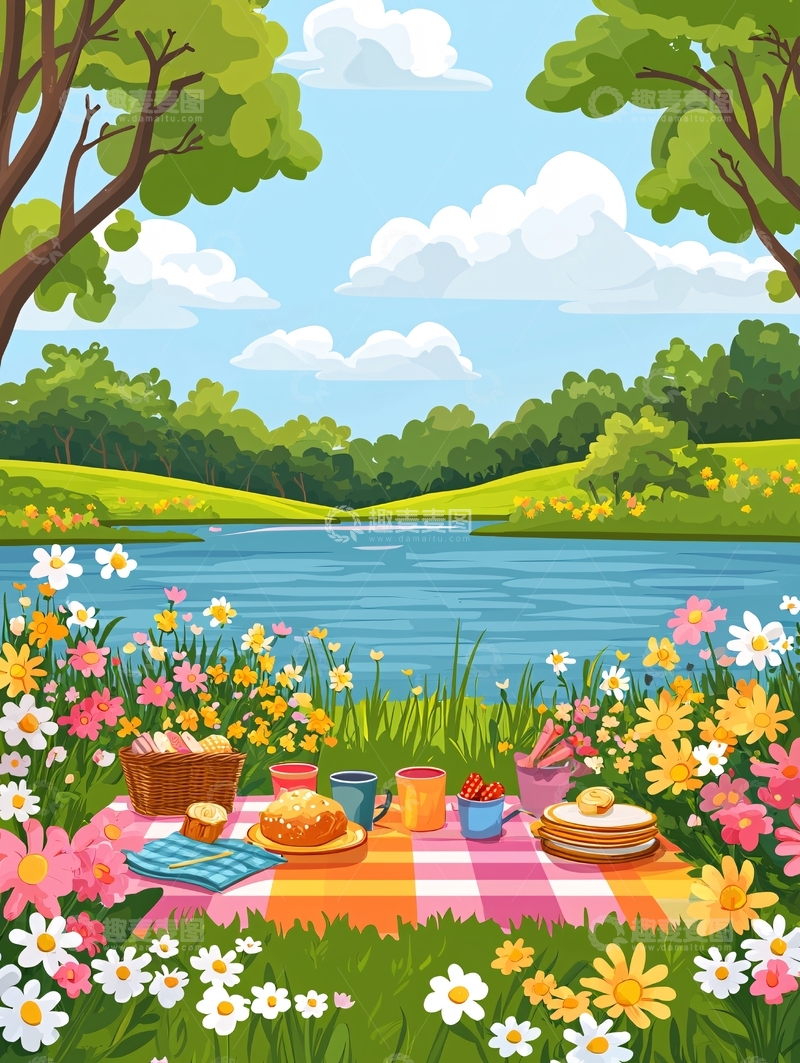 高清大图下载【趣麦麦图】野餐在湖边草地