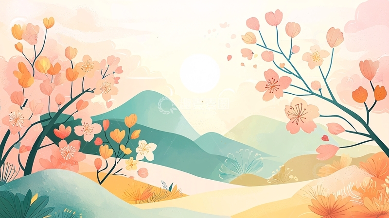 高清大图下载【趣麦麦图】粉色花朵山水田园风光