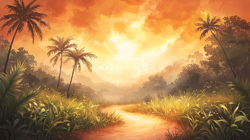 高清大图下载【趣麦麦图】热带丛林夕阳路