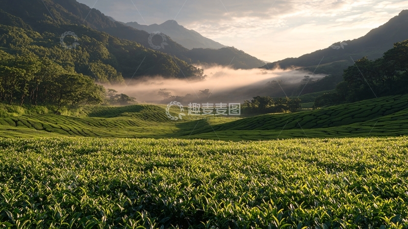 高清大图下载【趣麦麦图】茶园晨雾山间风光