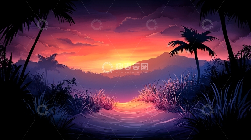 高清大图下载【趣麦麦图】热带夕阳剪影