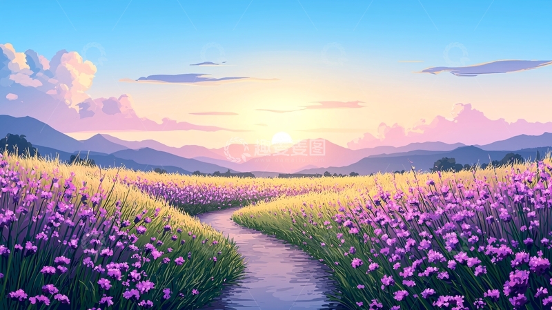 高清大图下载【趣麦麦图】紫色花田日出美景