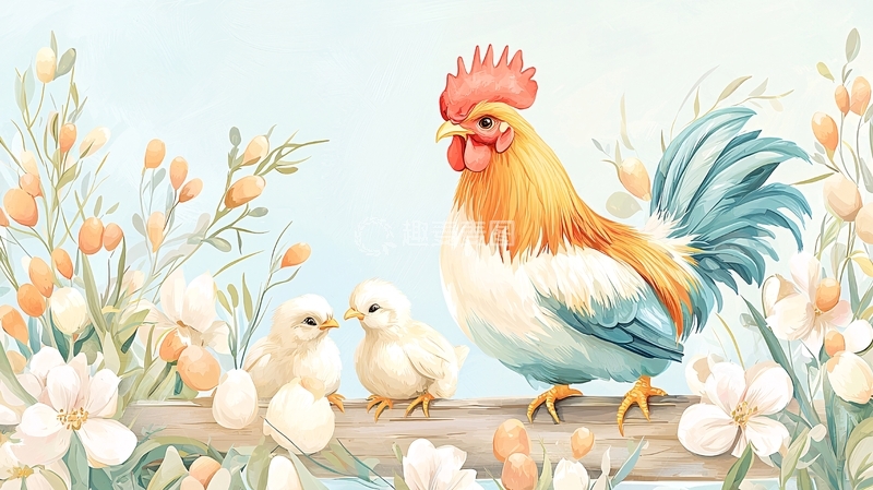 高清大图下载【趣麦麦图】水彩公鸡和小鸡