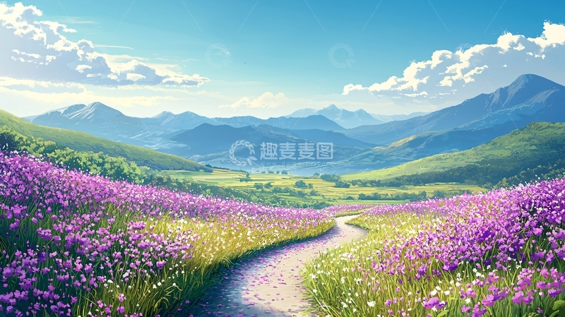 高清大图下载【趣麦麦图】紫色花田蜿蜒小路