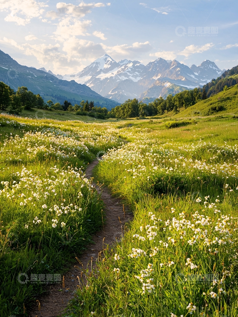 高清大图下载【趣麦麦图】绿草地与雪山远景风光