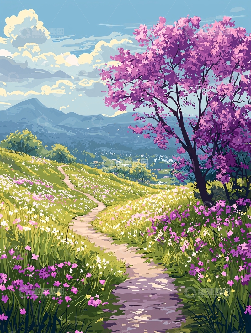 高清大图下载【趣麦麦图】动漫风格的紫色花树小路