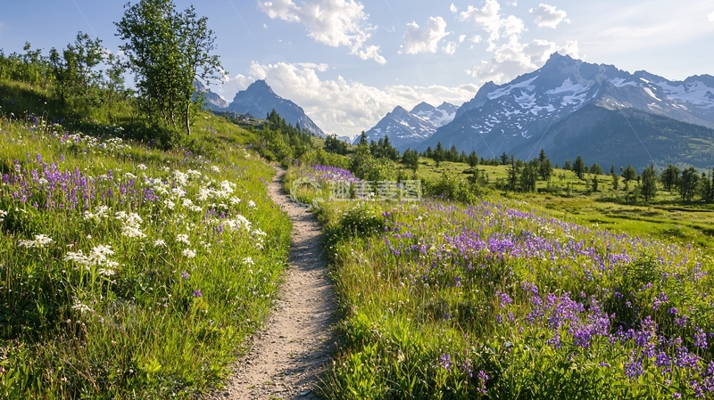 高清大图下载【趣麦麦图】绿草鲜花山脉小径的自然风光