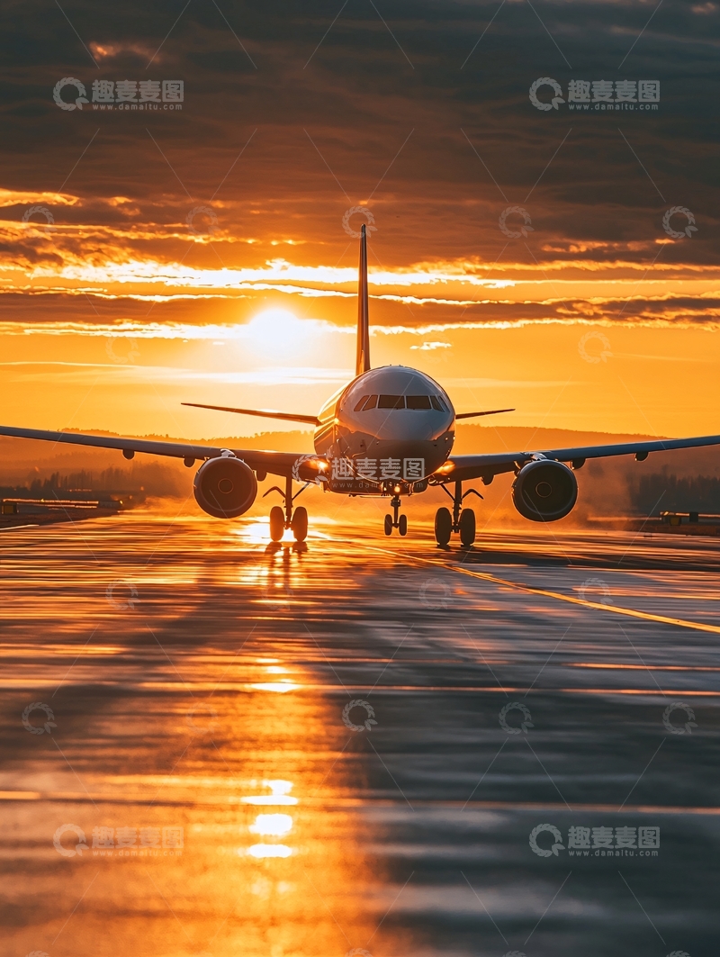 高清大图下载【趣麦麦图】夕阳下的飞机起飞