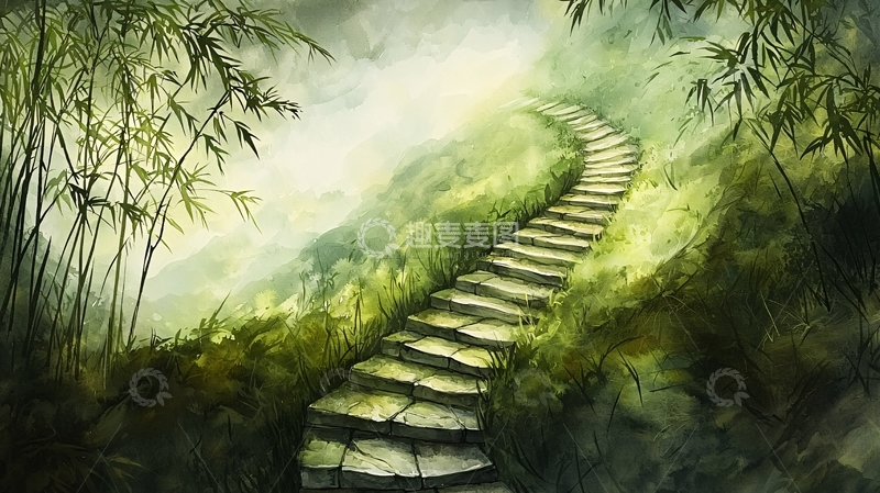高清大图下载【趣麦麦图】通往绿意深处的石阶