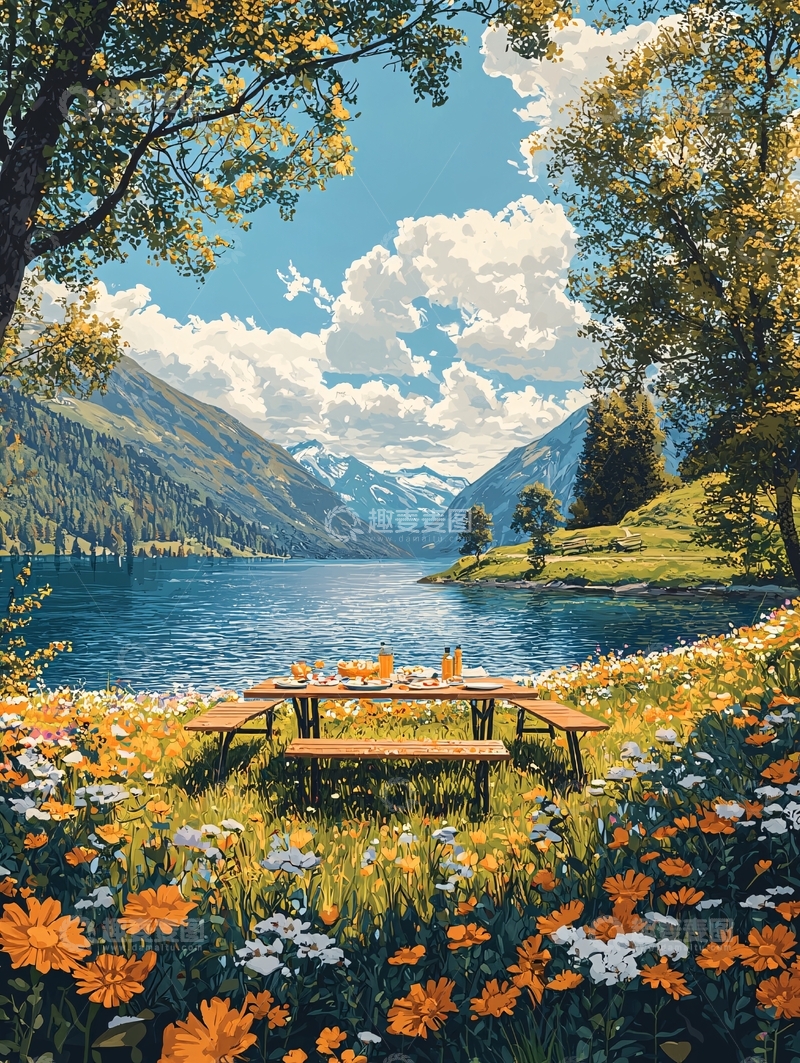 高清大图下载【趣麦麦图】湖光山色间的野餐桌