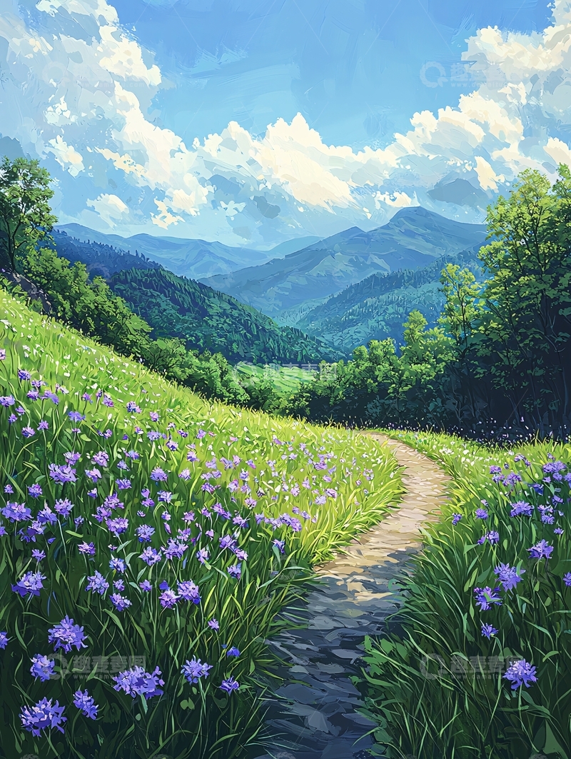 高清大图下载【趣麦麦图】蓝天白云下的山间小路