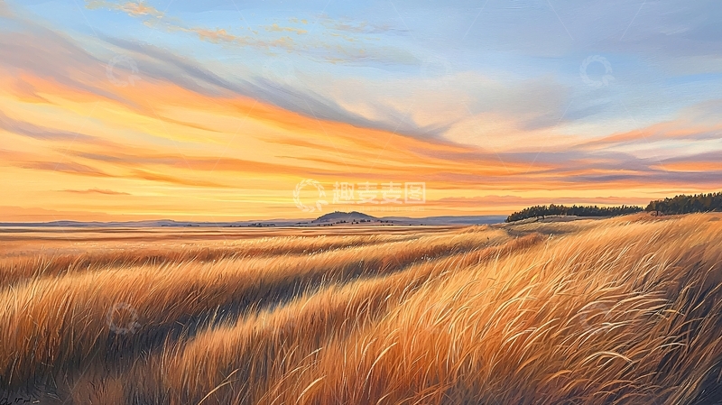 高清大图下载【趣麦麦图】夕阳下的麦田风景