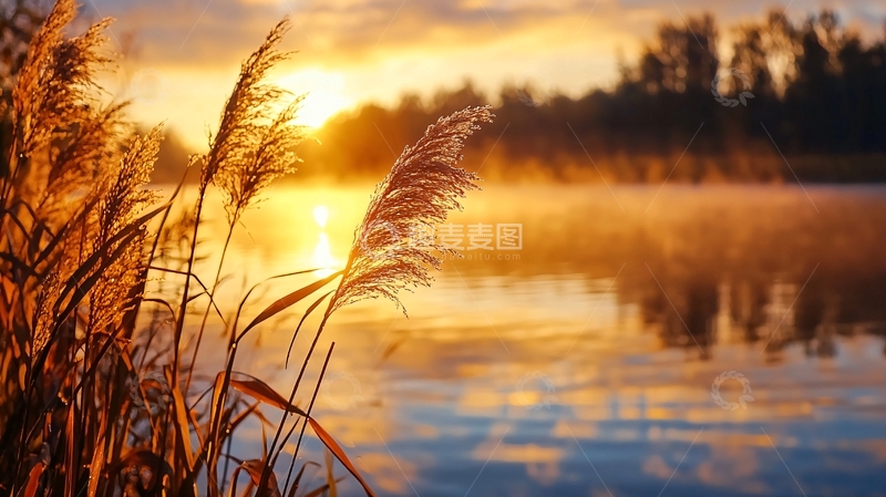 高清大图下载【趣麦麦图】秋日湖畔夕阳美景