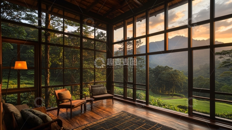 高清大图下载【趣麦麦图】森林小屋落地窗外夕阳