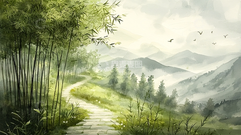 高清大图下载【趣麦麦图】水墨山水竹林小路