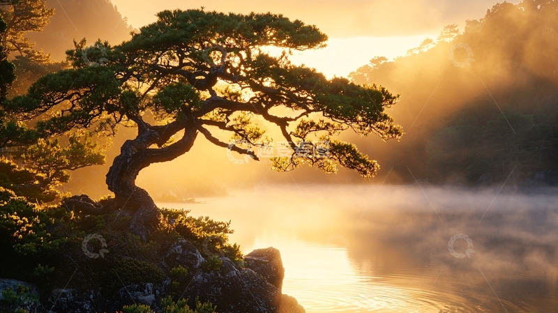 高清大图下载【趣麦麦图】晨雾中的松树与湖光