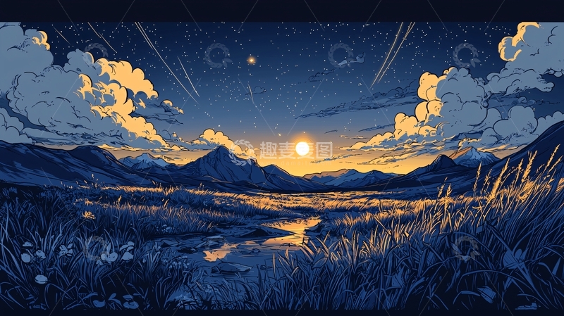 高清大图下载【趣麦麦图】夜空下的山川河流风景图