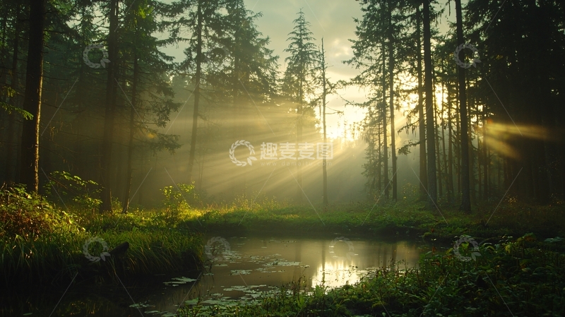 高清大图下载【趣麦麦图】阳光穿透森林的静谧池塘