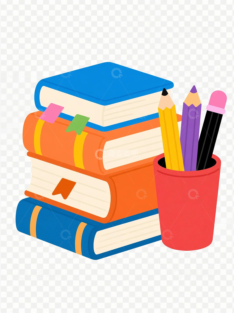 高清大图下载【趣麦麦图】一摞书本旁边有笔筒扁平插画素材