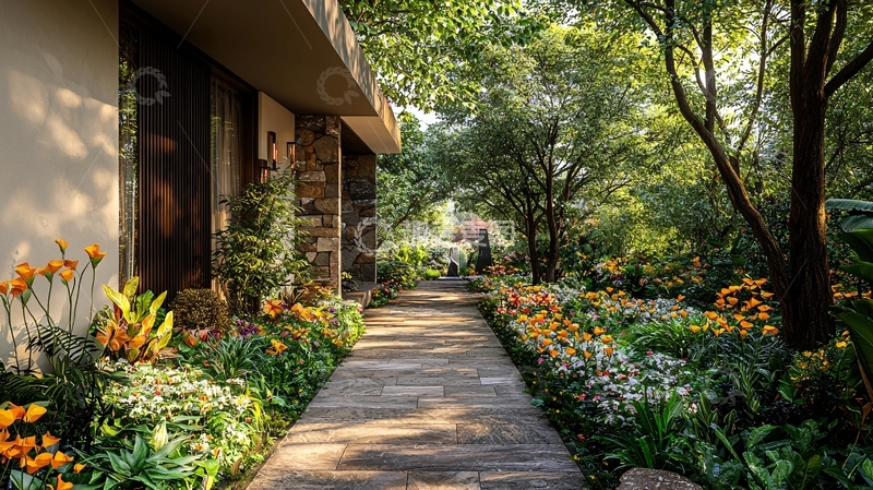 高清大图下载【趣麦麦图】花园小径与建筑的和谐