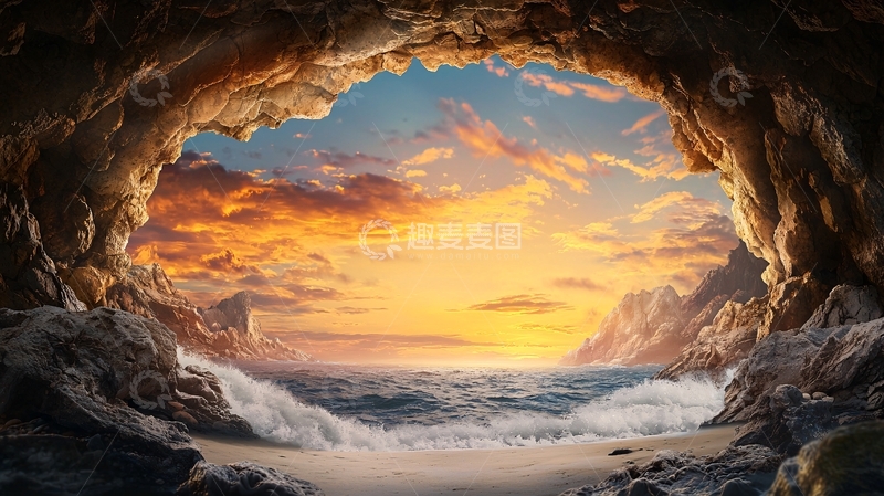 高清大图下载【趣麦麦图】海浪冲击洞穴日落美景