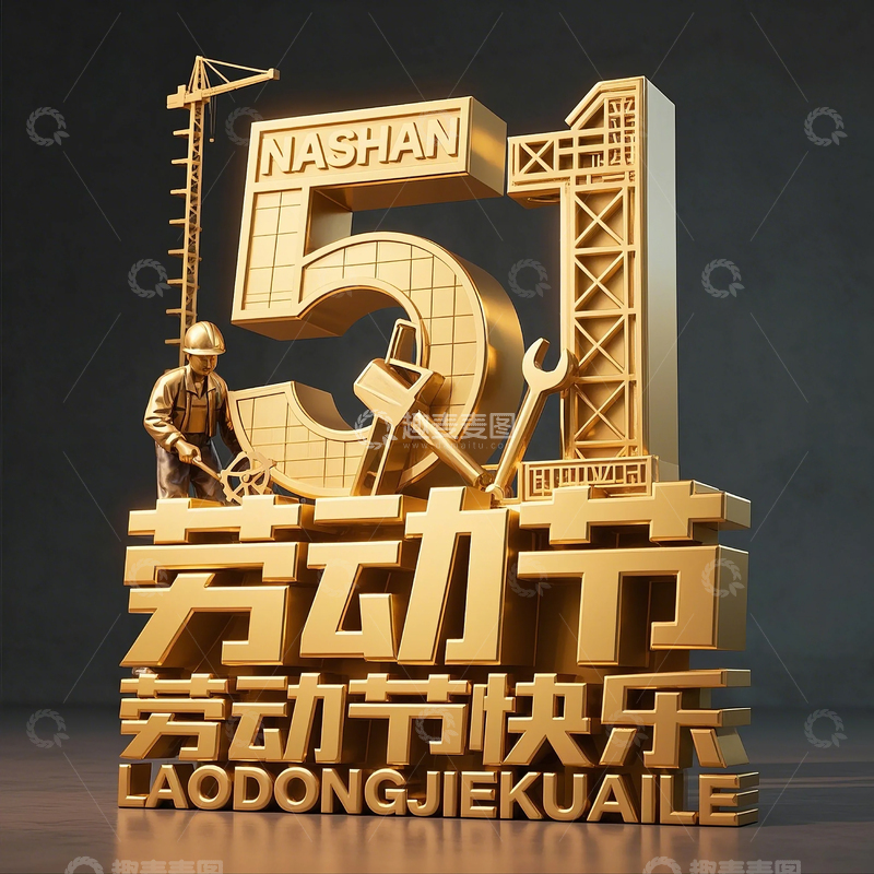 高清大图下载【趣麦麦图】3D立体金色字体五一劳动节
